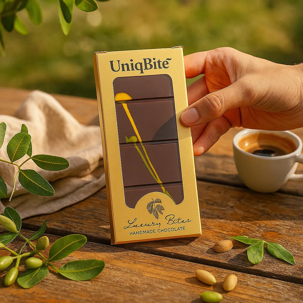 UniqBite Dubai Pistachio Bar pairs well with coffee for an afternoon treat.
