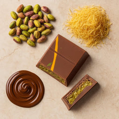 UniqBite Dubai Pistachio Bar presents knafeh-inspired layers wrapped in chocolate.