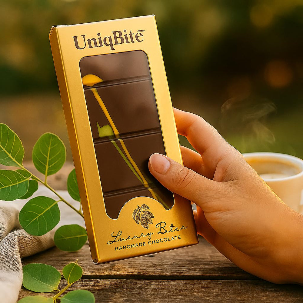 UniqBite Dubai Pistachio Bar packaging photo showing premium gift-ready presentation.