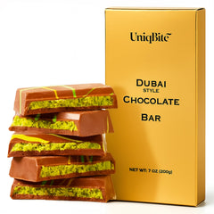 UNIQBITE Dubai Pistachio Bar close-up of pistachio cream texture, ideal for gifting.