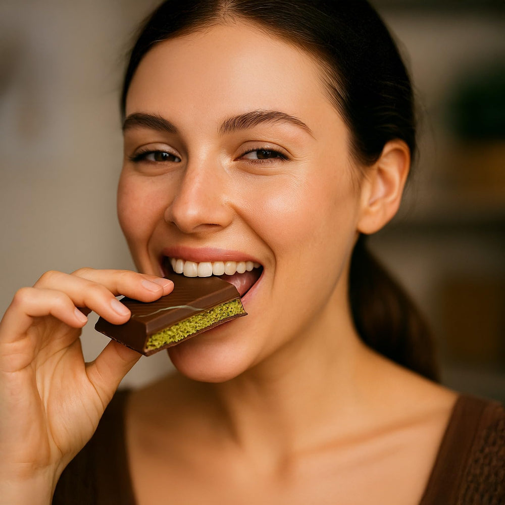 UNIQBITE Dubai Pistachio Bar unwrapped moment highlighting layers.