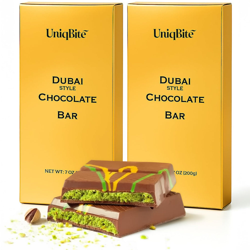 UniqBite Dubai Pistachio Chocolate Bar shows pistachio-chocolate fusion for a premium snack.