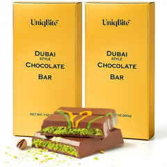 UniqBite Dubai Pistachio Chocolate Bar shows pistachio-chocolate fusion for a premium snack.