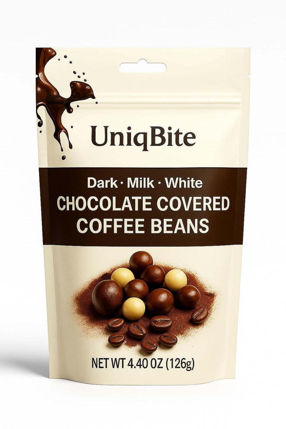 Gift-ready UNIQBITE chocolate-covered coffee beans for chocolate lovers.