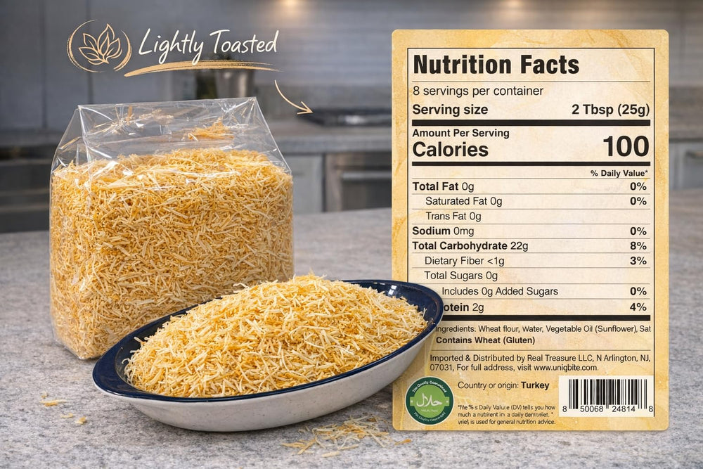 UNIQBITE kadayif shredded dough with ultra-thin threads for flaky pastries.