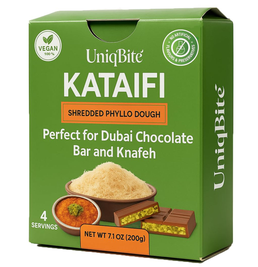 UNIQBITE Kataifi plated with pistachios, showcasing traditional knafeh styling.