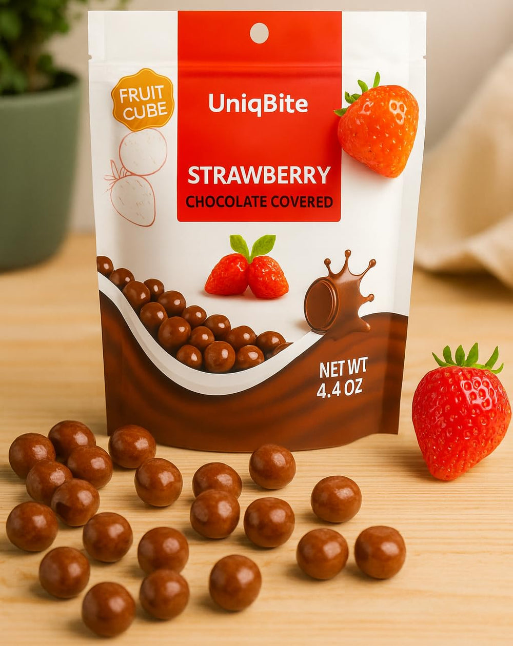 UNIQBITE milk chocolate covered strawberry cubes in a resealable bag for on-the-go snacking