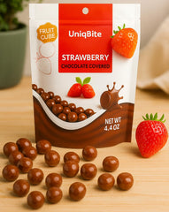 UNIQBITE milk chocolate covered strawberry cubes in a resealable bag for on-the-go snacking