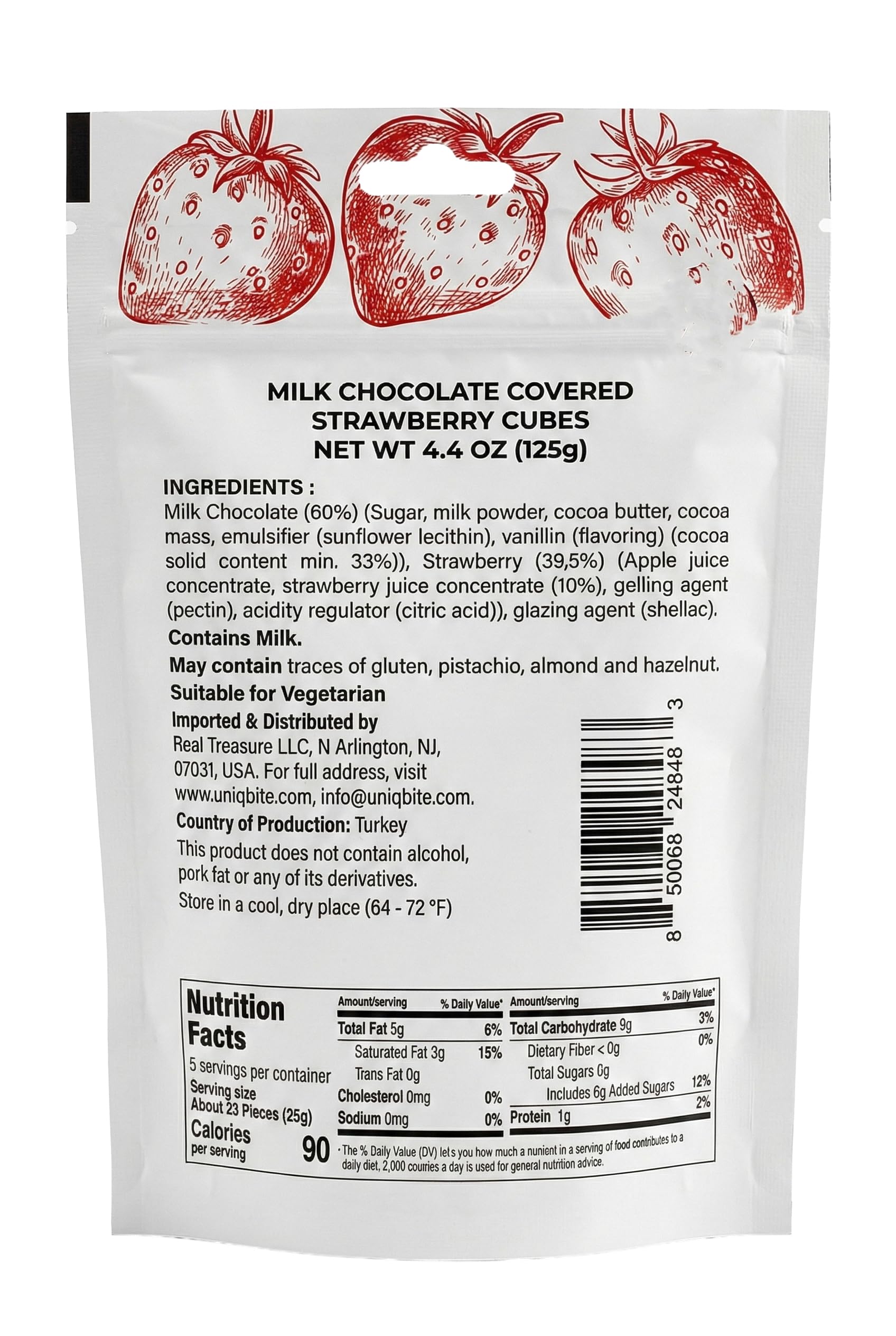UNIQBITE real strawberry cubes enrobed in milk chocolate for delightful texture