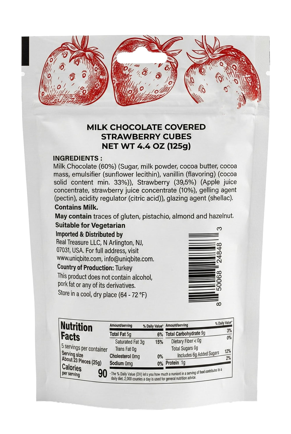 UNIQBITE real strawberry cubes enrobed in milk chocolate for delightful texture
