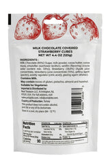 UNIQBITE real strawberry cubes enrobed in milk chocolate for delightful texture