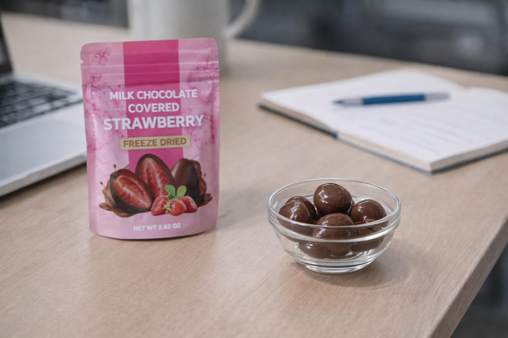 UNIQBITE resealable bag keeps chocolate strawberry treats fresh for snacking.