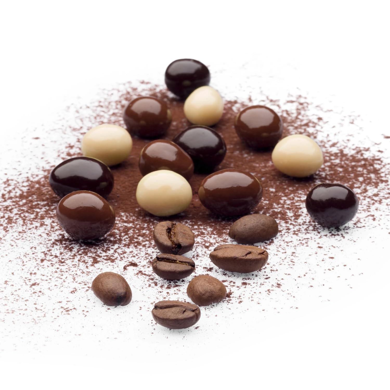 Triple chocolate coating on beans showcases dark, milk, and white varieties.