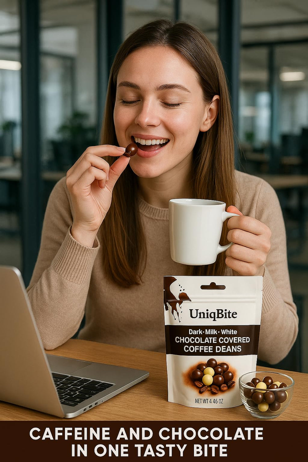 Close-up of whole roasted coffee beans coated in triple chocolate.