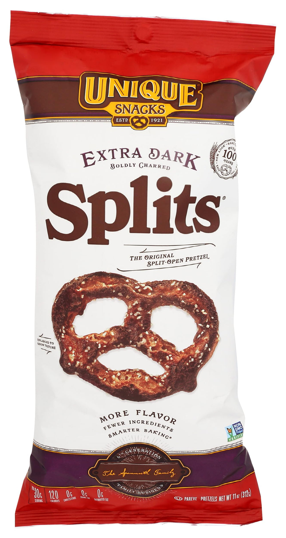 Unique Snacks Extra Dark Splits Pretzels bag view showing bold, savory snacking appeal.