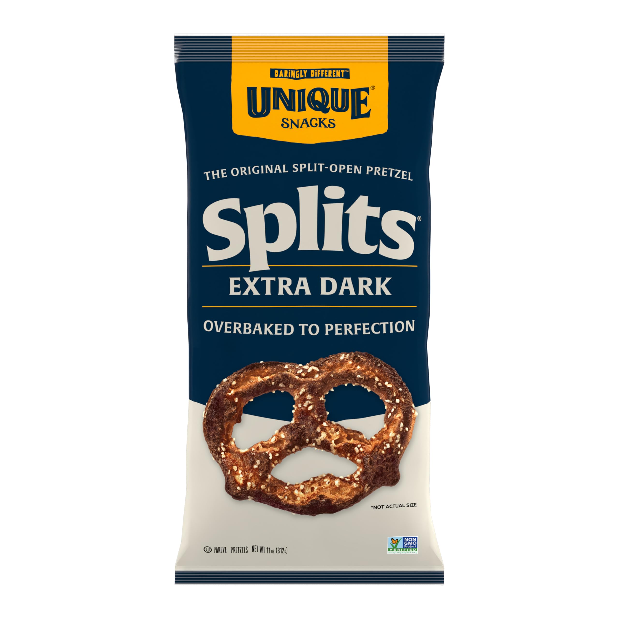 Unique Snacks Extra Dark Splits Pretzels bag shows bold charred flavor and crispy texture.