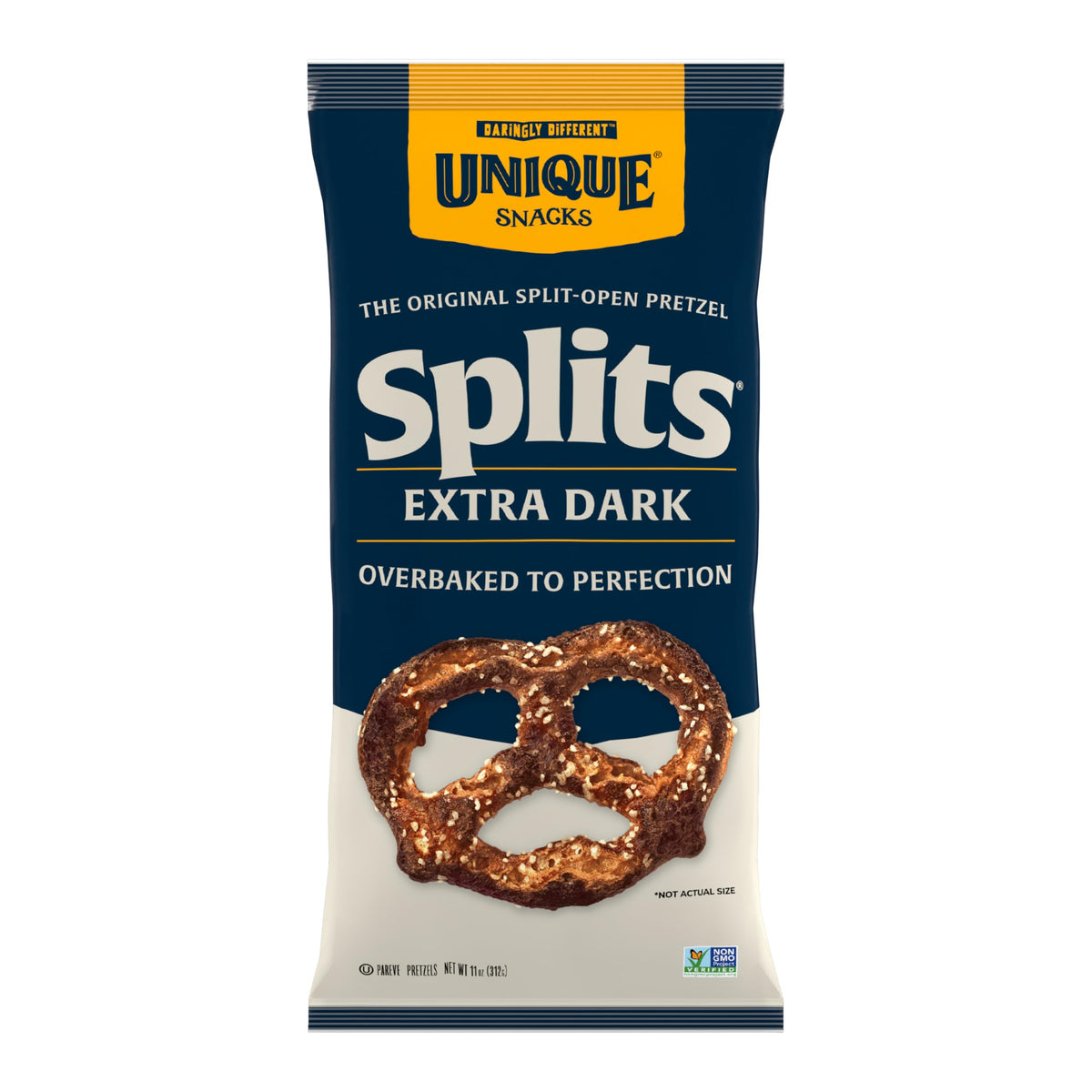 Unique Snacks Extra Dark Splits Pretzels bag shows bold charred flavor and crispy texture.