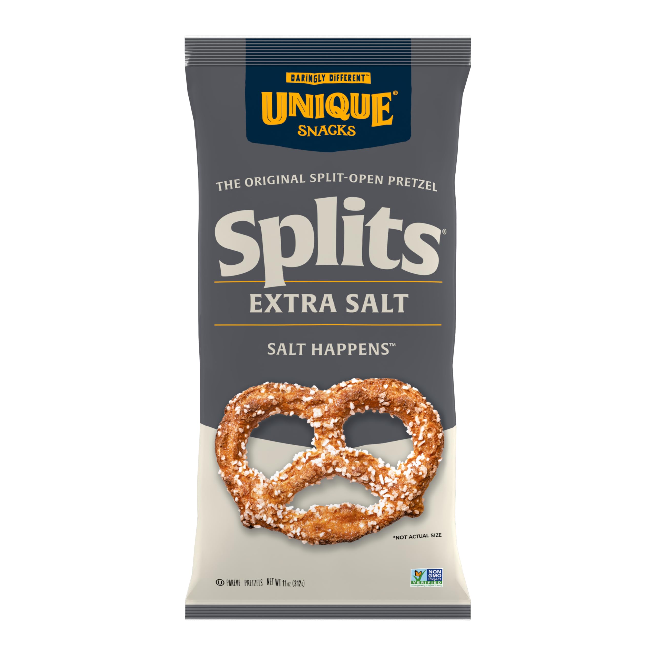 Unique Snacks Extra Salt Splits Pretzels bag—crisp, salty crunch for movie nights.