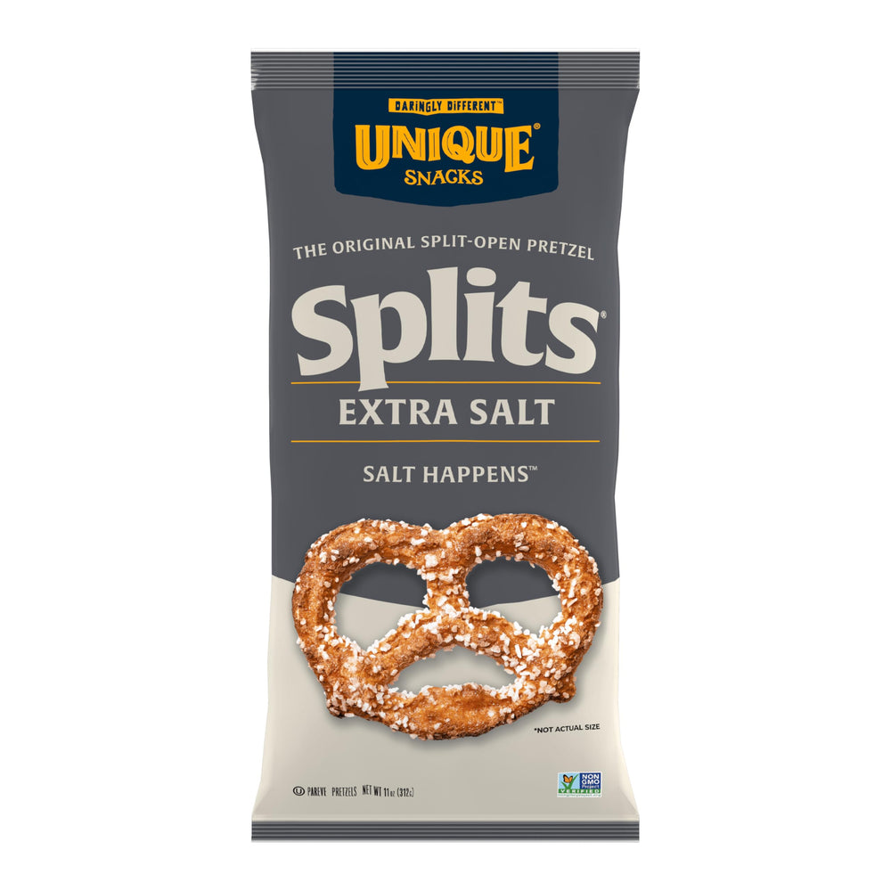 Unique Snacks Extra Salt Splits Pretzels bag showing crisp, salty crunch