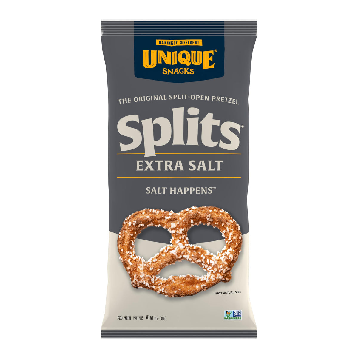 Unique Snacks Extra Salt Splits Pretzels bag showing crisp, salty crunch
