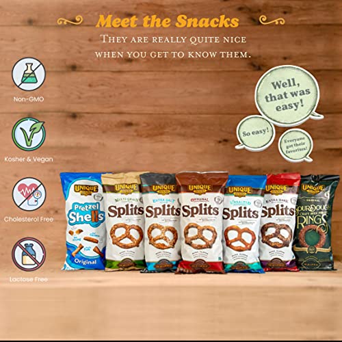 Unique Snacks Extra Salt Splits Pretzels six-pack display, ideal for parties.