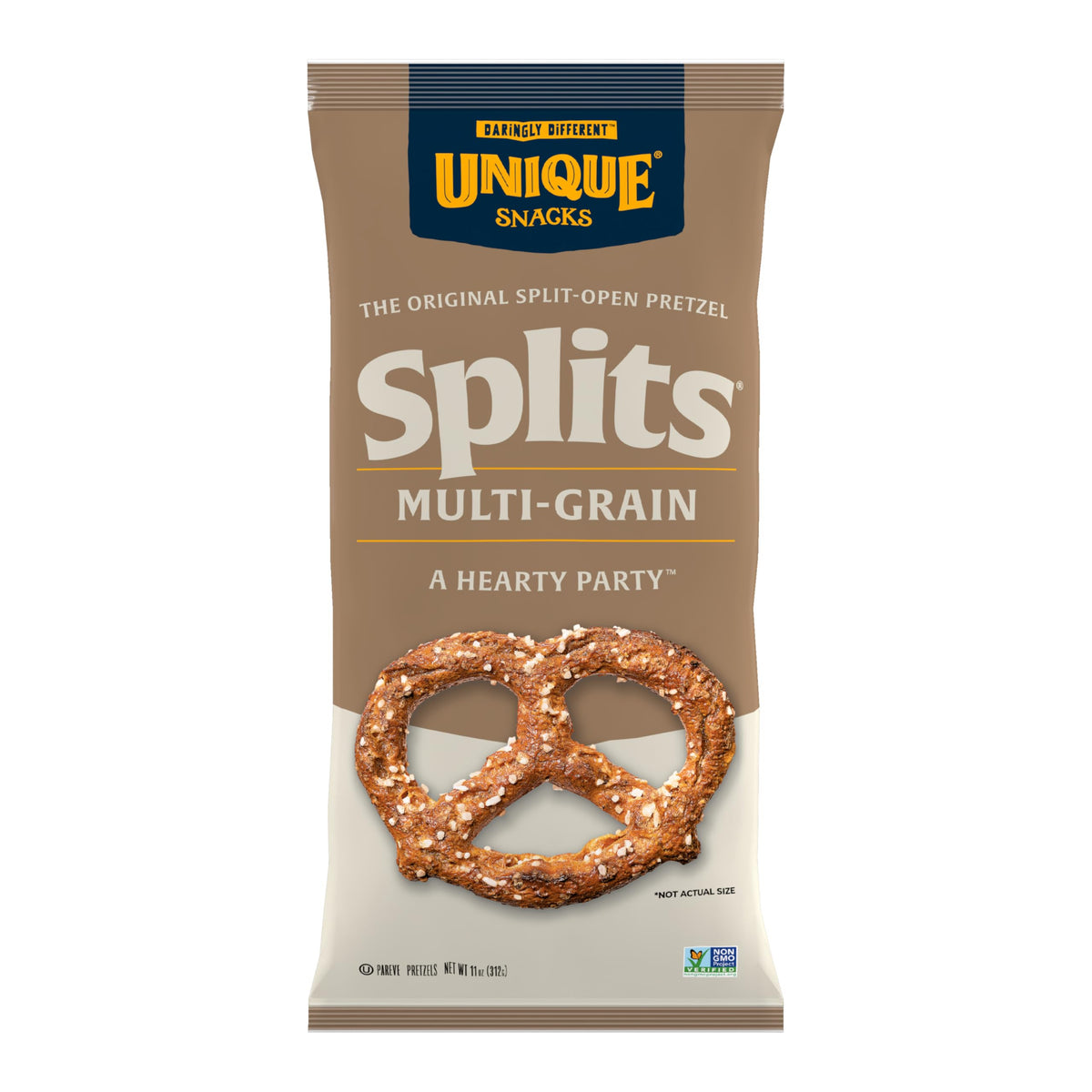 Unique Snacks Multi-Grain Splits Pretzels pack in a six-pack, ready for sharing.