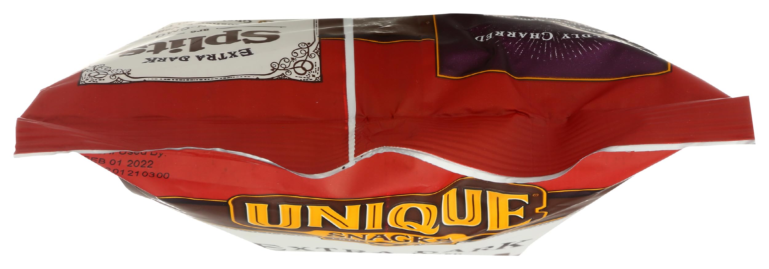Unique Snacks Extra Dark Splits Pretzels no-preservatives seal close-up on packaging.