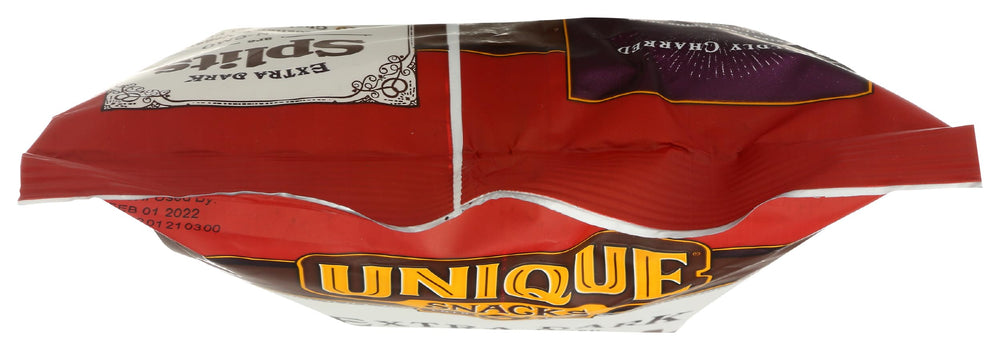 Unique Snacks Extra Dark Splits Pretzels no-preservatives seal close-up on packaging.