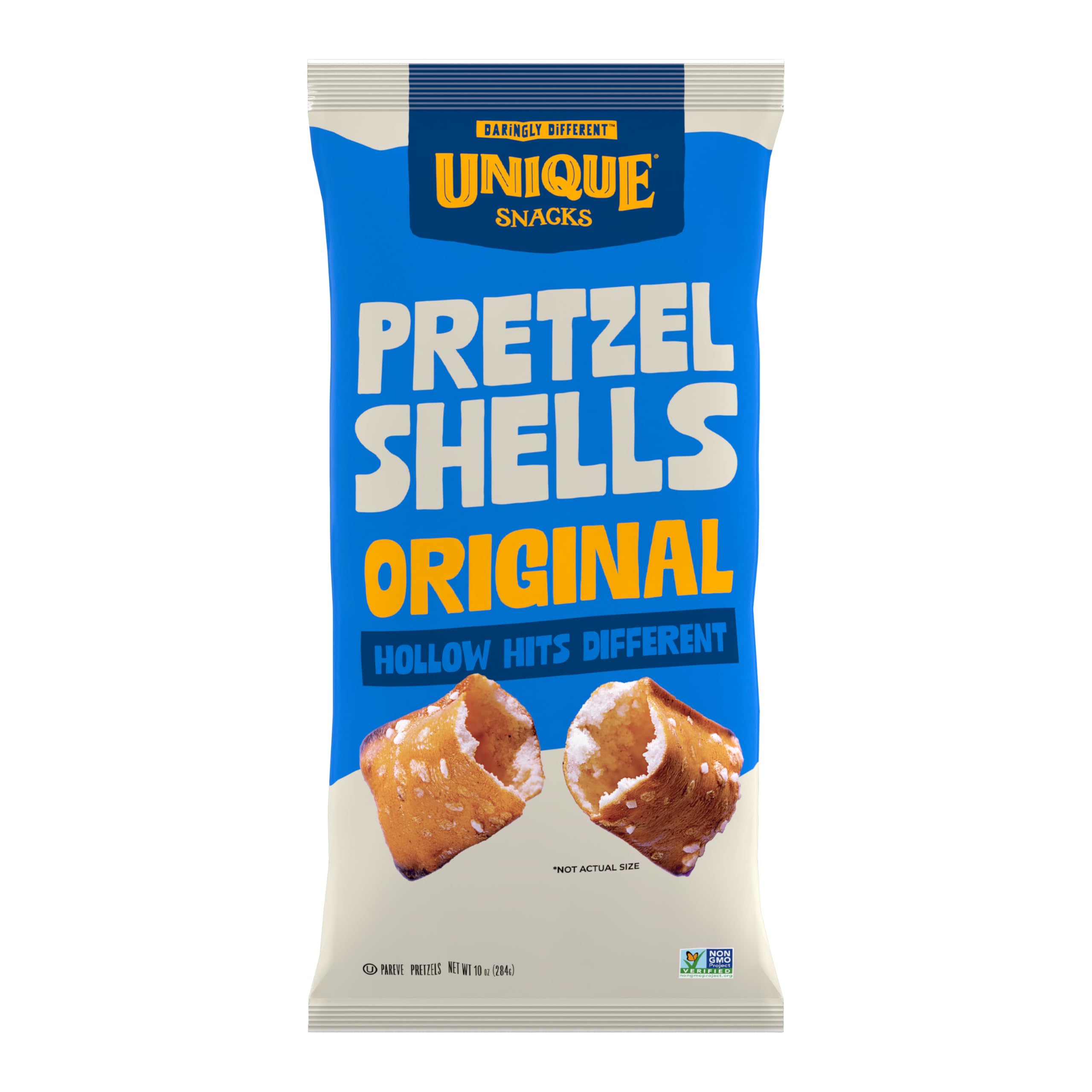 Unique Snacks Original Pretzel Shells package front, vegan and non-GMO promise.