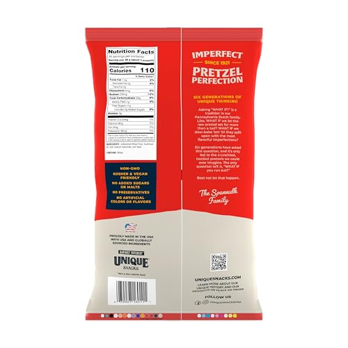Unique Snacks Original Splits Pretzels closeup highlights split-open grooves and hollow pockets for extra crunch.