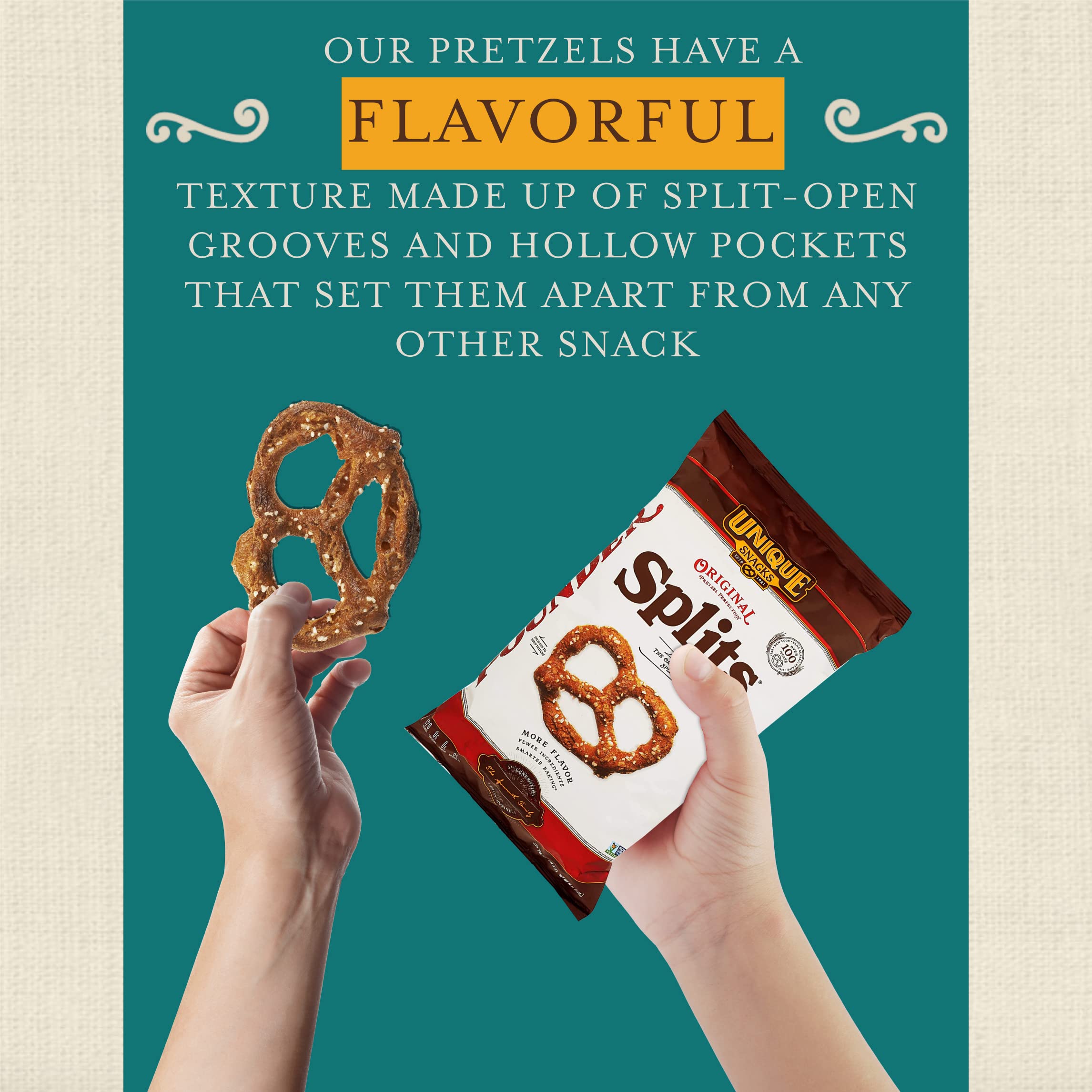 Unique Snacks Original Splits Pretzels non-gmo ingredients label reinforces clean snacking.