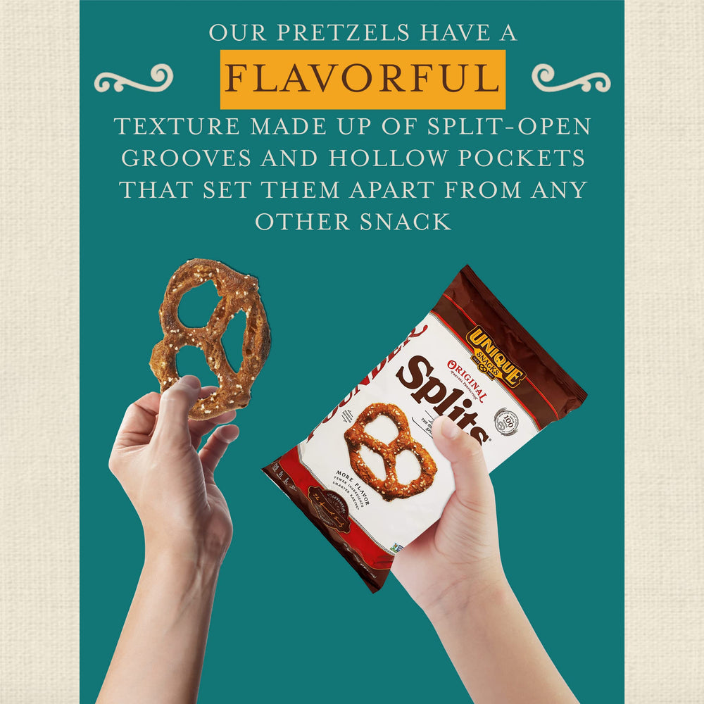 Unique Snacks Original Splits Pretzels non-gmo ingredients label reinforces clean snacking.