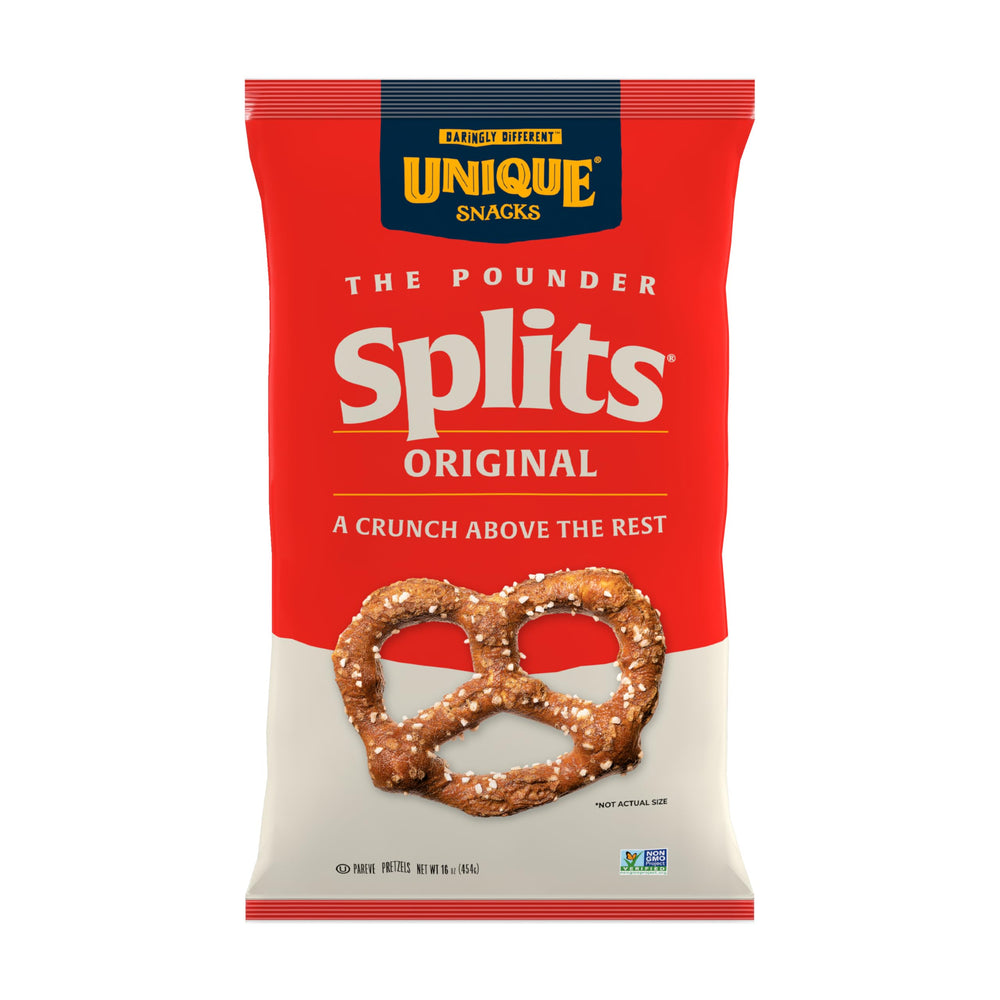Unique Snacks Original Splits Pretzels pack demonstrates a shareable party snack option.