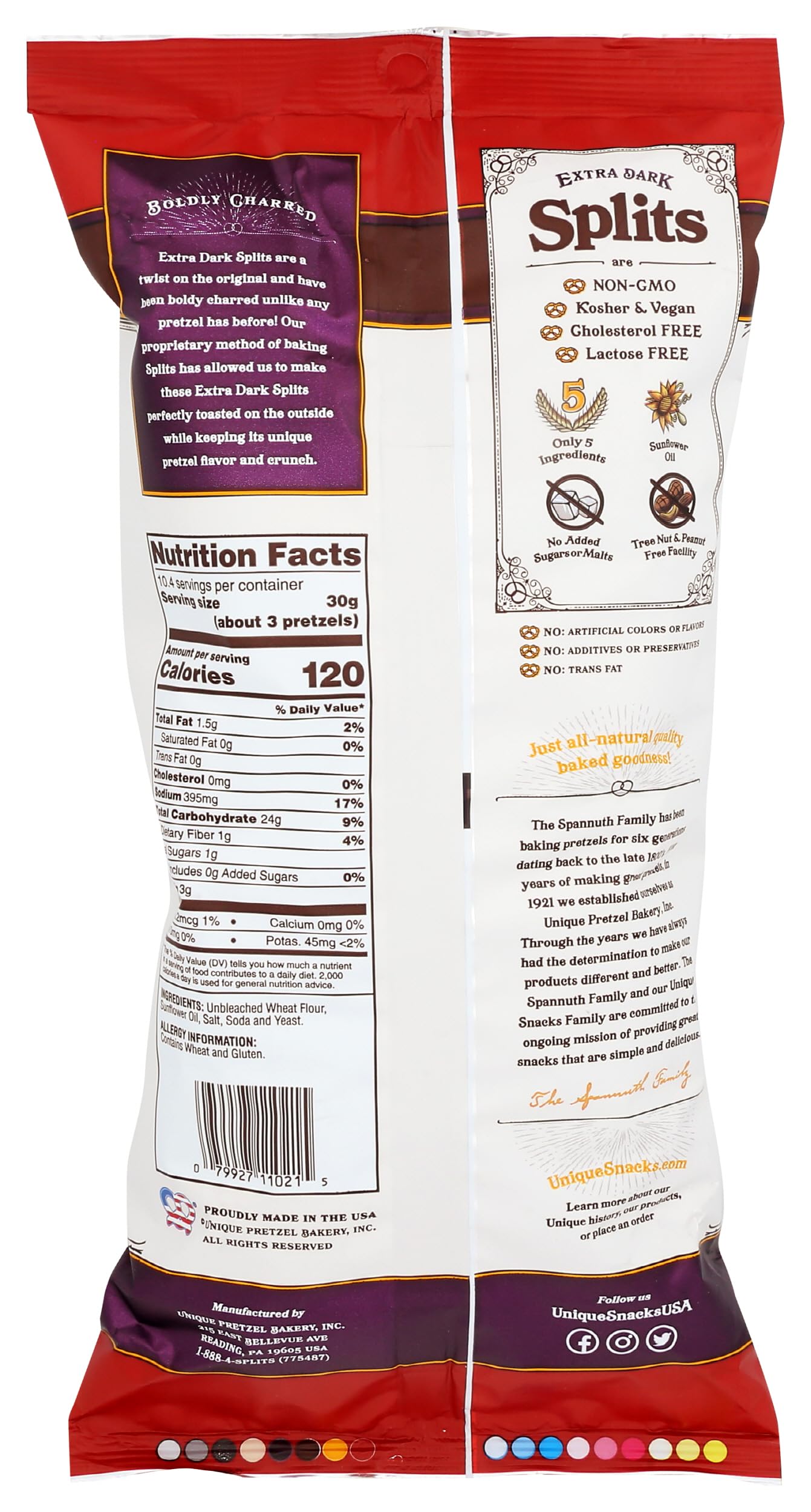 Unique Snacks Extra Dark Splits Pretzels crunch texture close-up highlighting crispness.