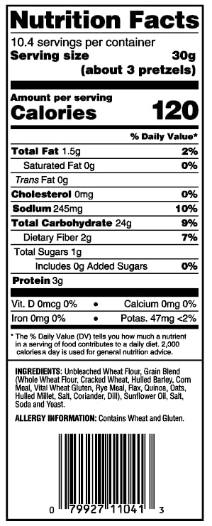 Unique Snacks seven-grains ingredients label highlights non-GMO and clean snack attributes.