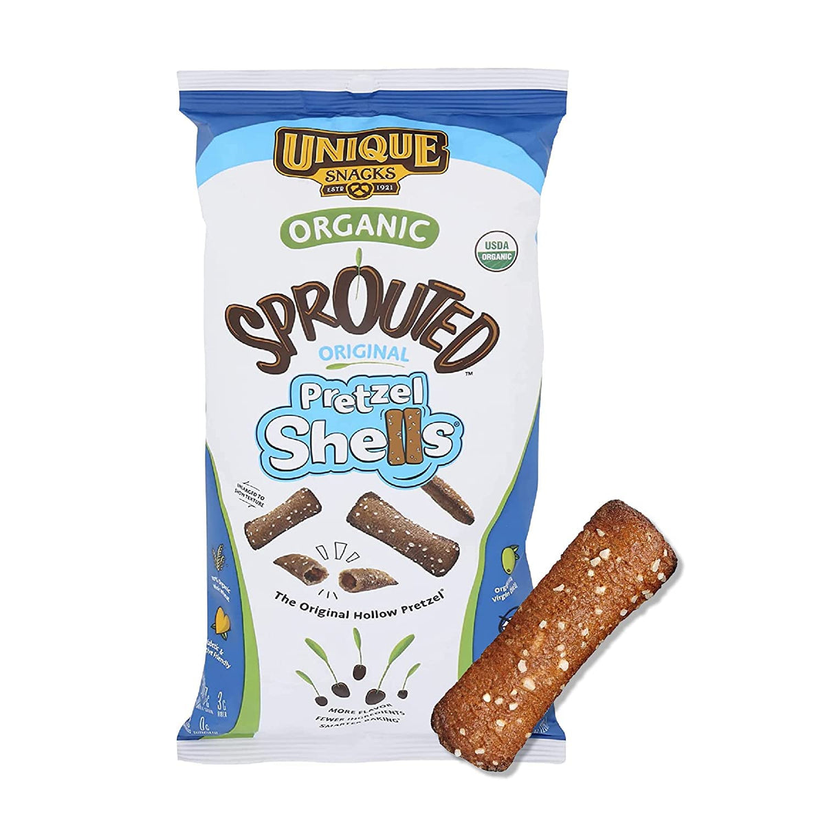 Unique Snacks sprouted pretzel shells bag front, ideal office snack