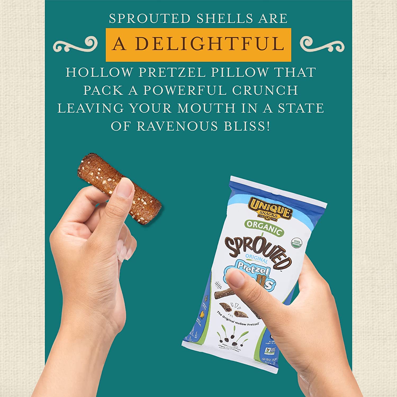 Front view of Unique Snacks sprouted pretzel shells triple-pack