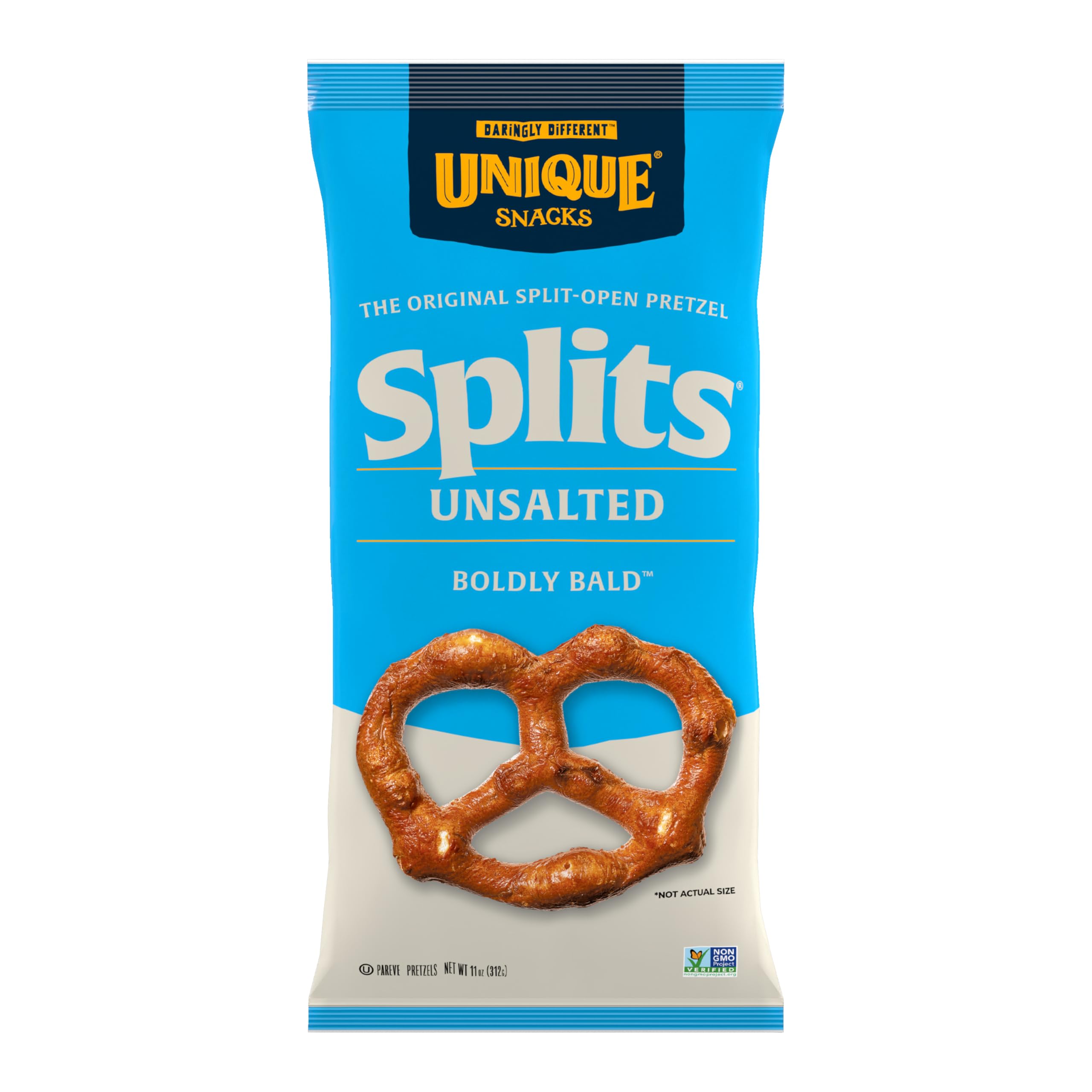 Unique Snacks Unsalted Splits Pretzels 3-pack on display, convenient for on-the-go snacking
