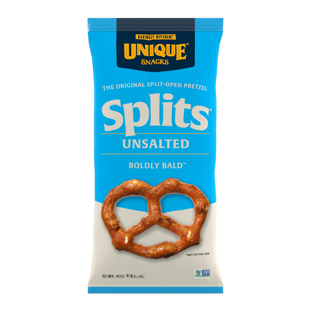 Unique Snacks Unsalted Splits Pretzels 3-pack on display, convenient for on-the-go snacking