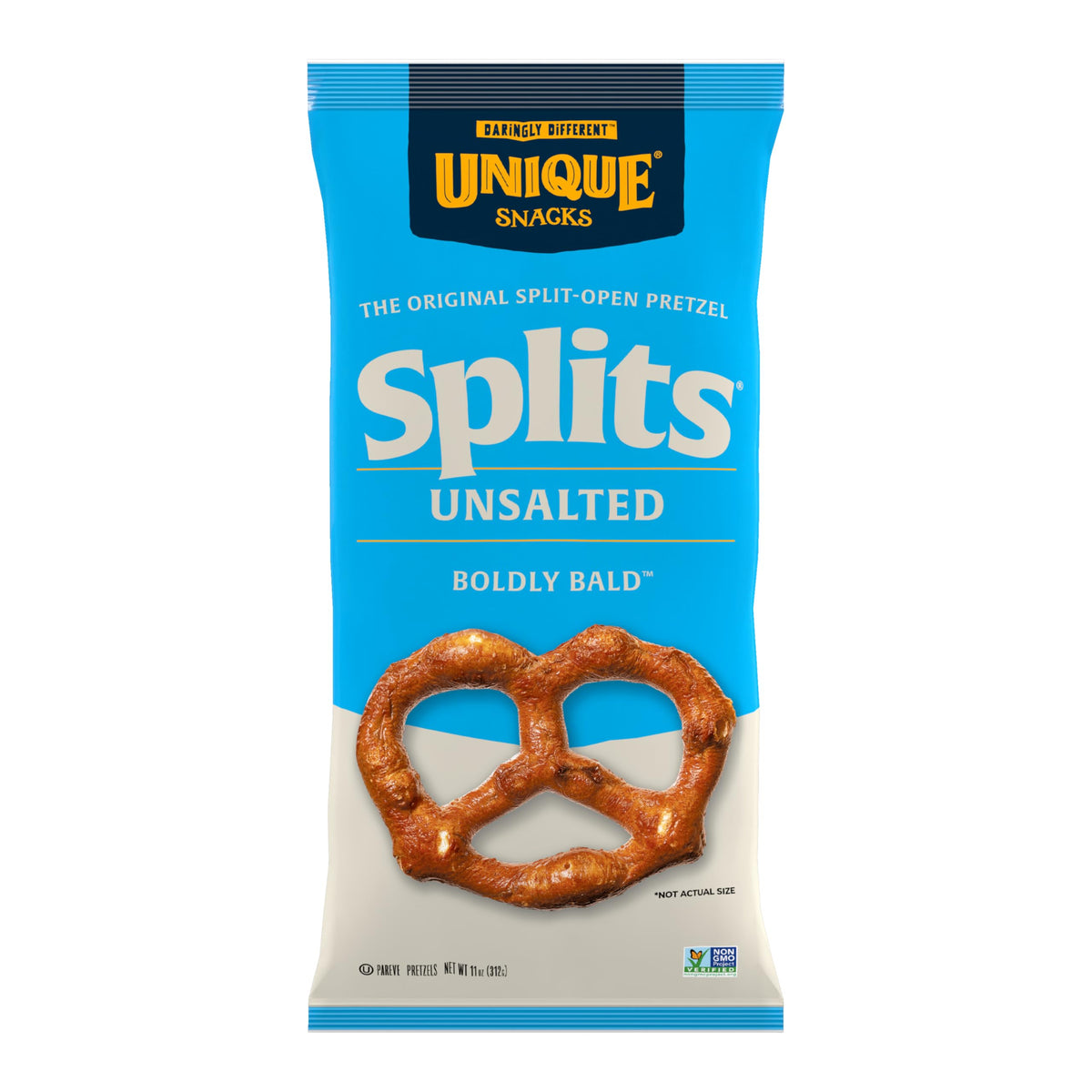 Unique Snacks Unsalted Splits Pretzels 3-pack on display, convenient for on-the-go snacking