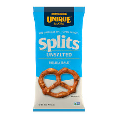 Unique Snacks Unsalted Splits Pretzels 3-pack on display, convenient for on-the-go snacking