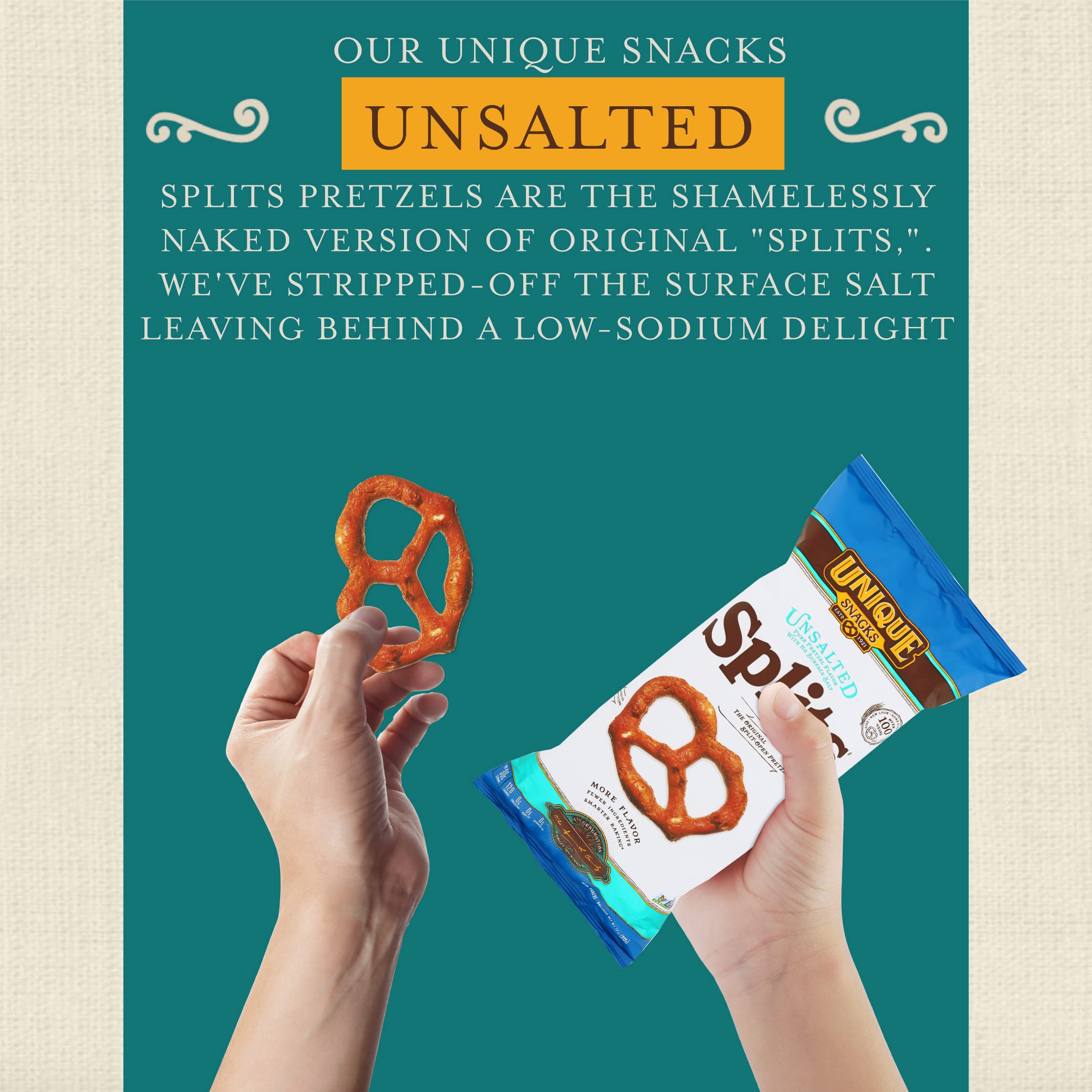 Unique Snacks Unsalted Splits Pretzels non-GMO and lactose-free option
