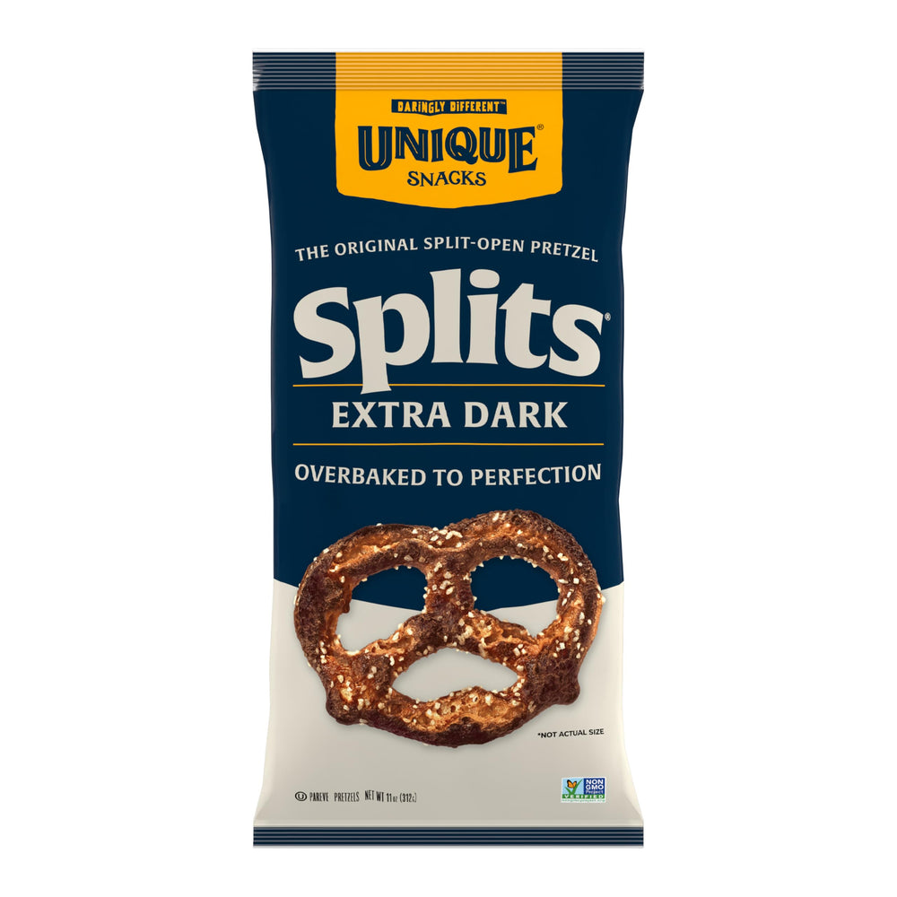 Unique Snacks Extra Dark Splits Pretzels bag highlights bold flavor for on-the-go snacking.