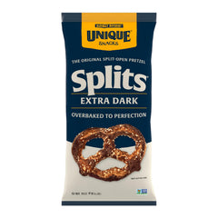 Unique Snacks Extra Dark Splits Pretzels bag highlights bold flavor for on-the-go snacking.