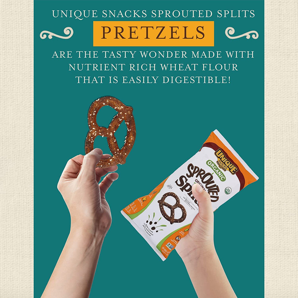Unique Snacks Sprouted Splits Pretzels ready to share at gatherings.
