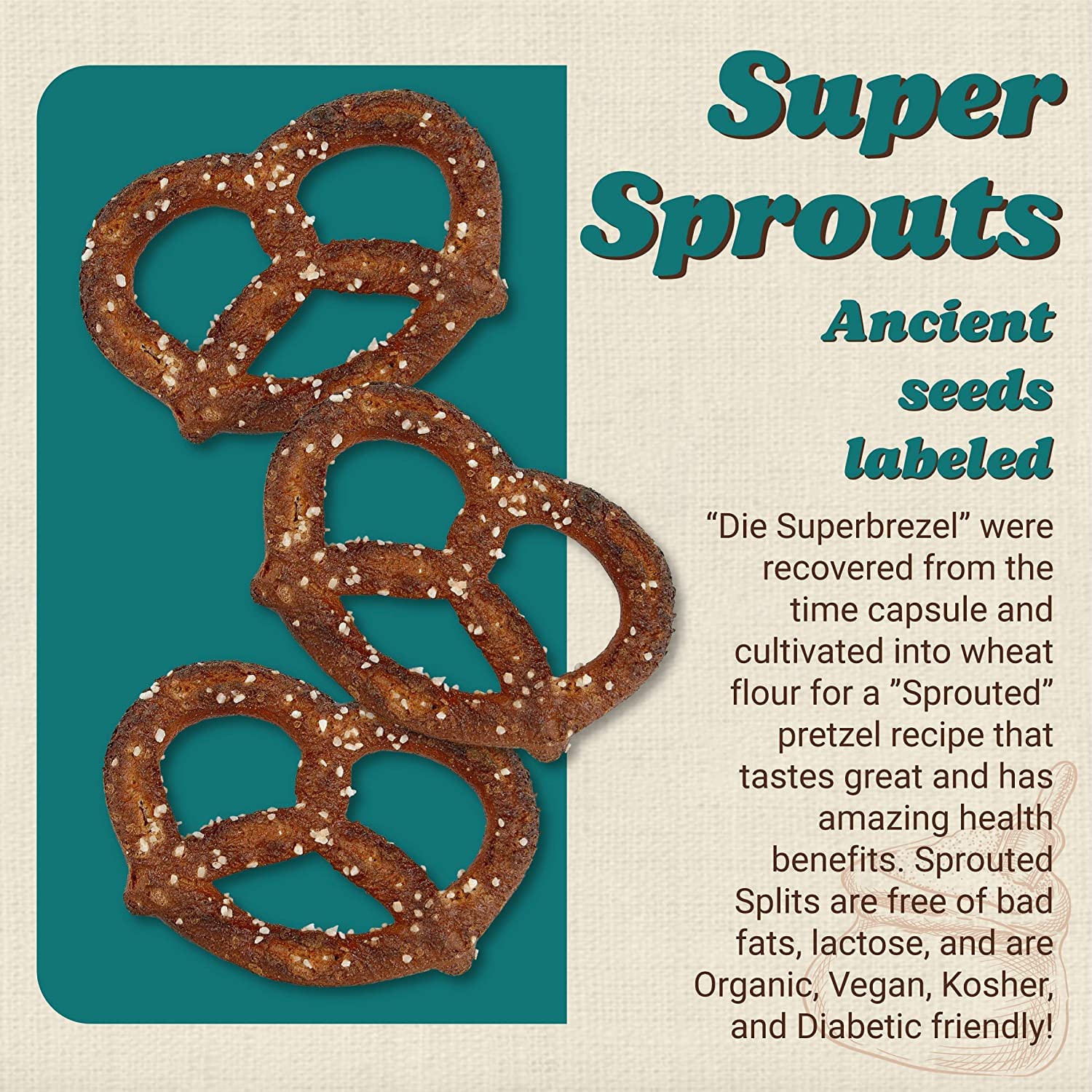 Unique Snacks Sprouted Splits Pretzels packaging showing non-GMO labeling.