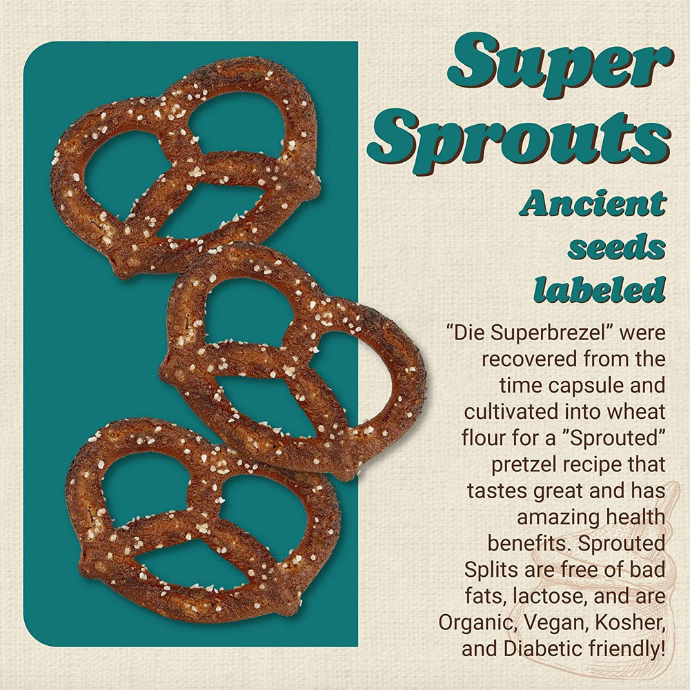 Unique Snacks Sprouted Splits Pretzels packaging showing non-GMO labeling.