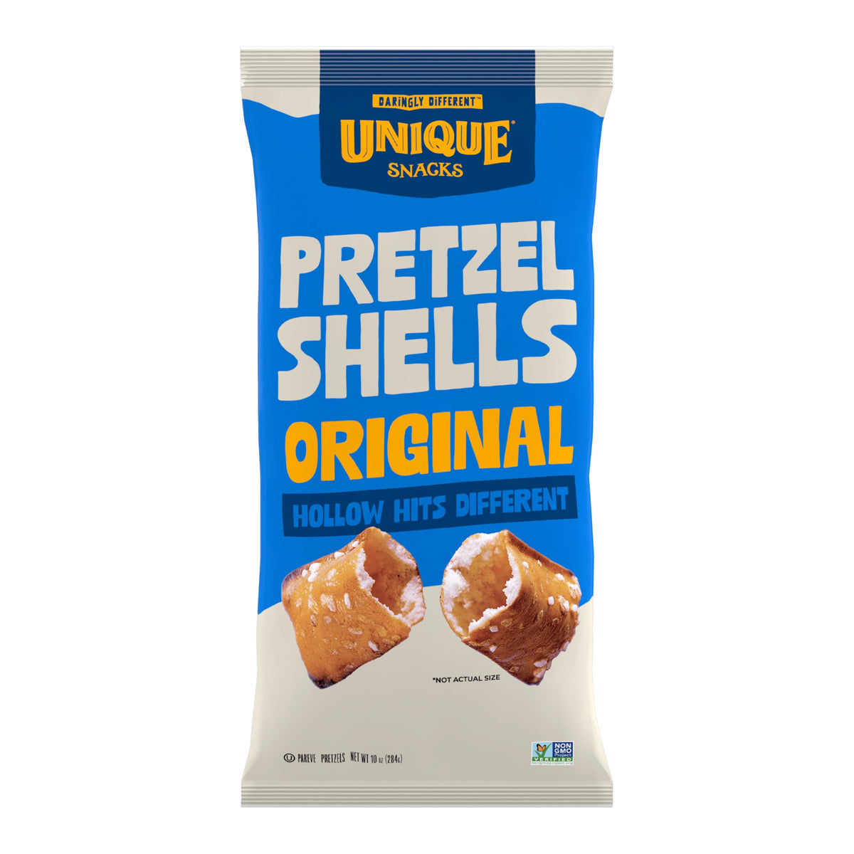 Unique Snacks Original Pretzel Shells bag hero shows crunchy texture and vegan appeal
