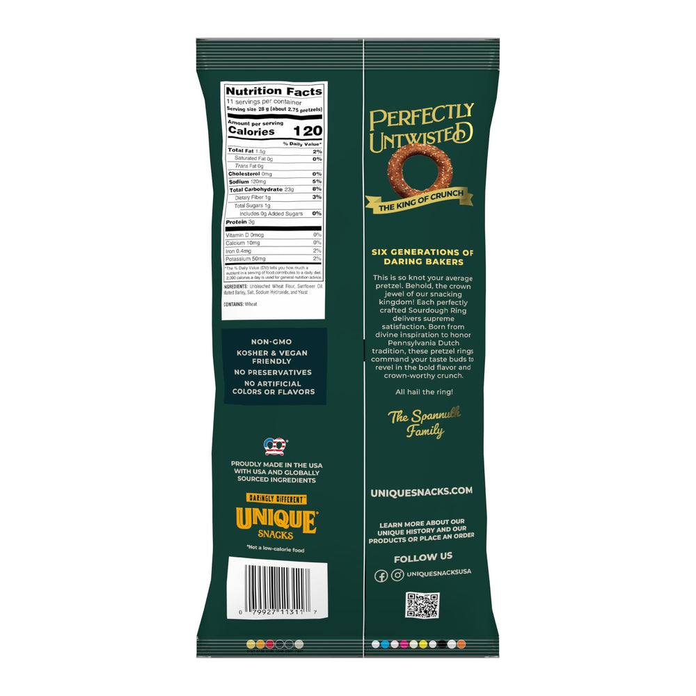 Closeup of Unique Snacks sourdough craft beer pretzel rings showing crisp exterior and chewy interior