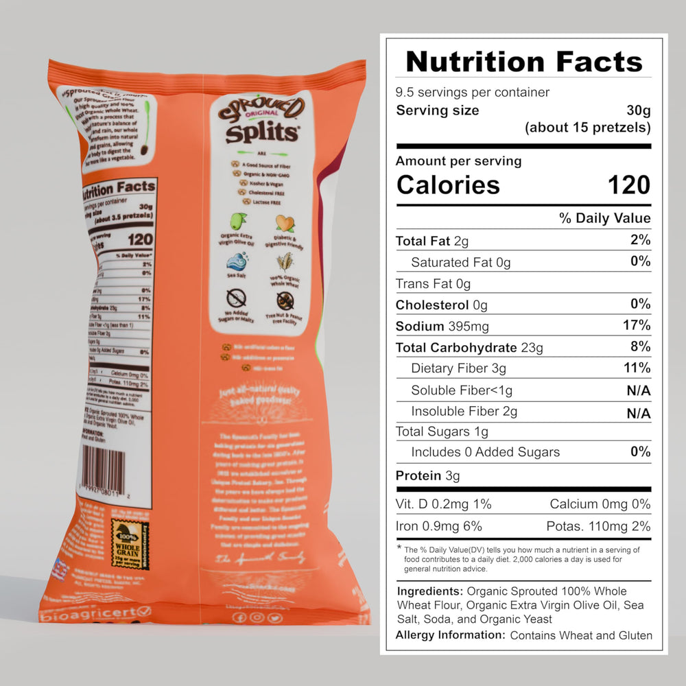 Unique Snacks Sprouted Splits Pretzels bag closeup highlights crisp, baked texture.